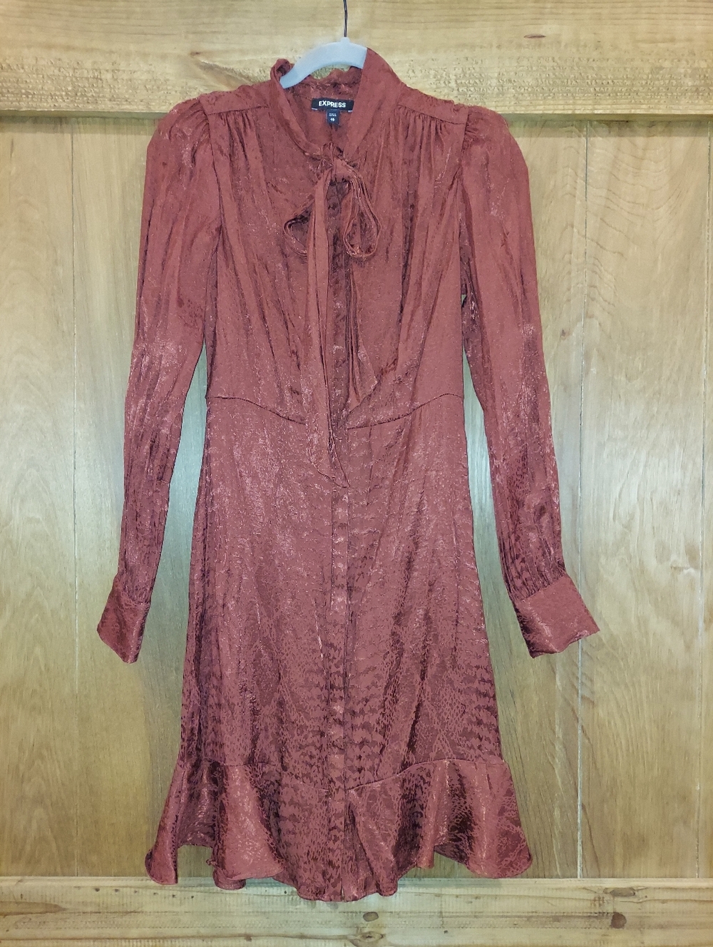 Express Snake Print Ruffle Tie Neck Front Button Up Puff Sleeve Dress XS